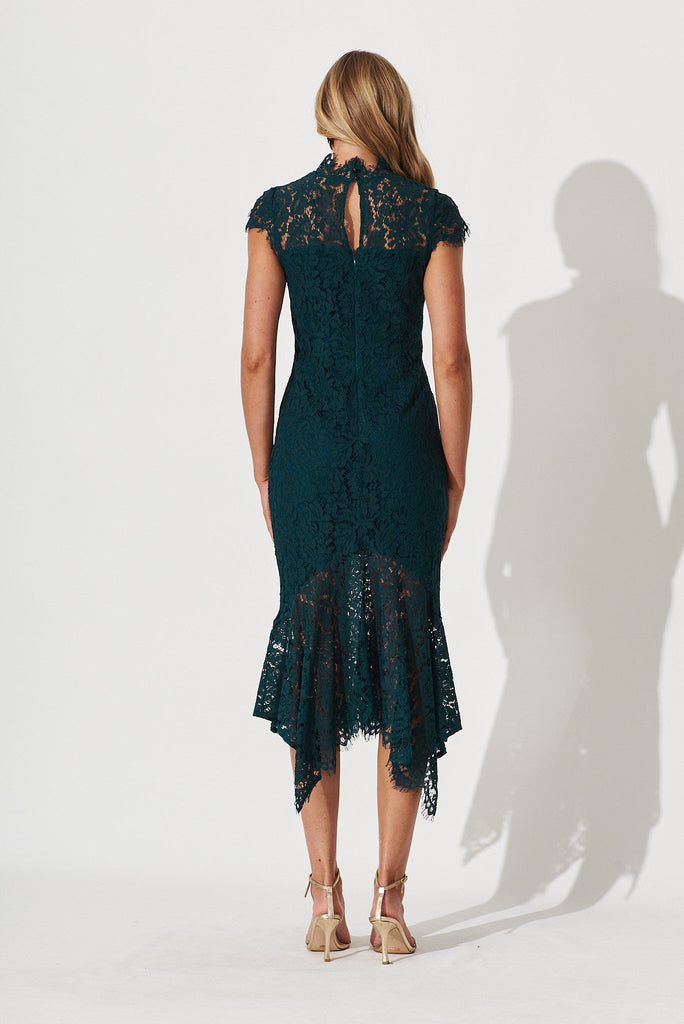 Emilise Midi Dress In Emerald Green Lace - back
