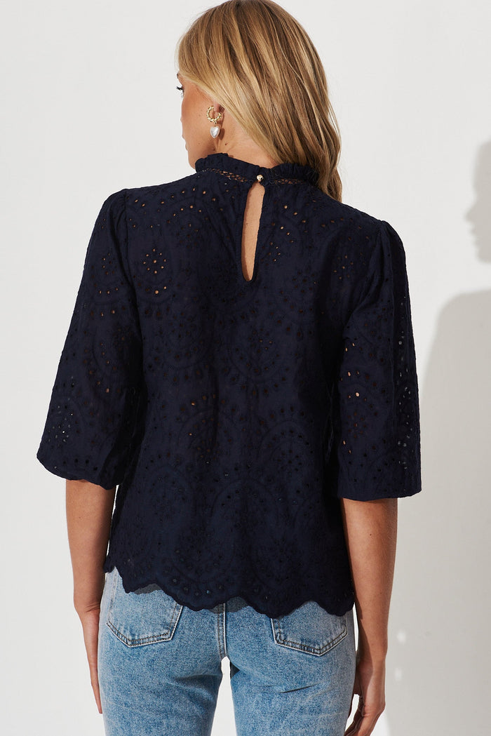 Donia Top In Navy Embroidery - back