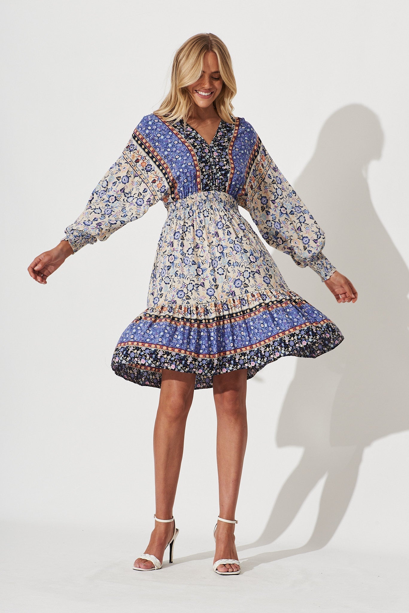 Barcelona Dress In Blue With Blush Boho Print - St Frock (Dev)