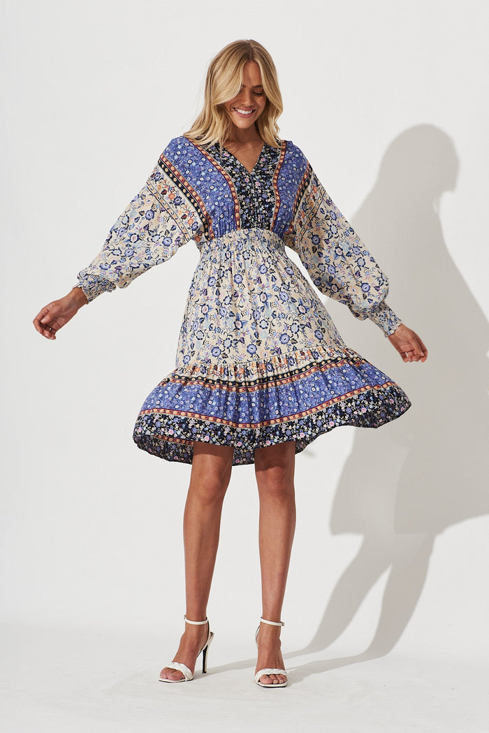 Barcelona Dress In Blue With Blush Boho Print - St Frock (Dev)