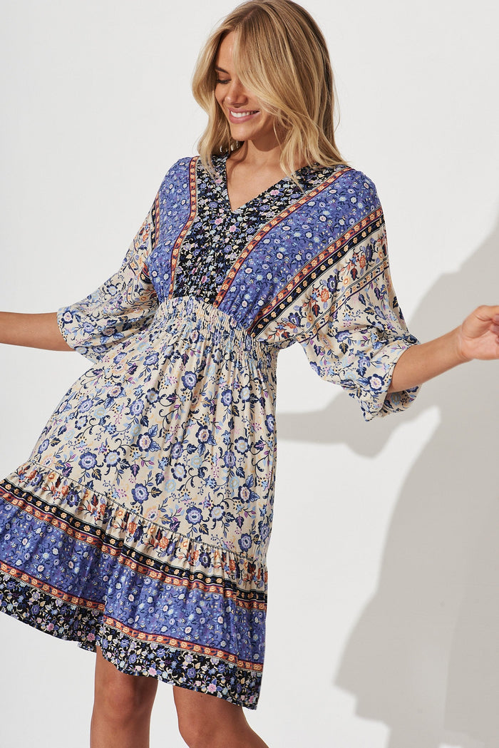 Barcelona Dress In Blue With Blush Boho Print - St Frock (Dev)