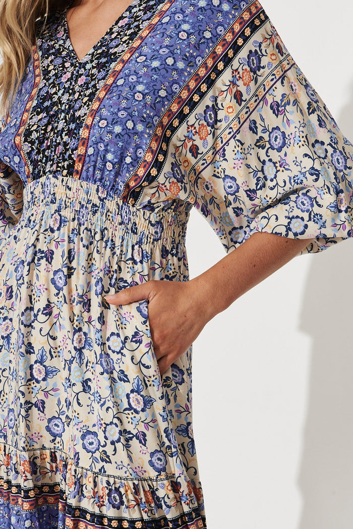 Barcelona Dress In Blue With Blush Boho Print - St Frock (Dev)