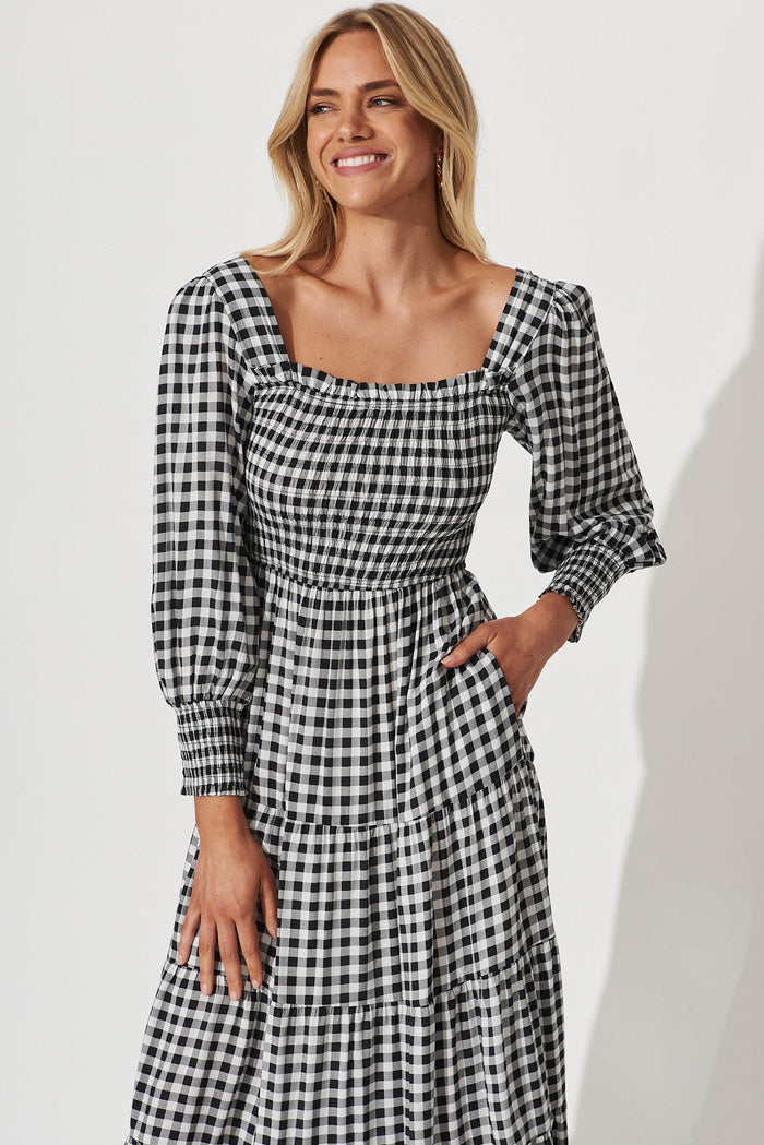 Athens Maxi Dress In White With Black Gingham Check - front
