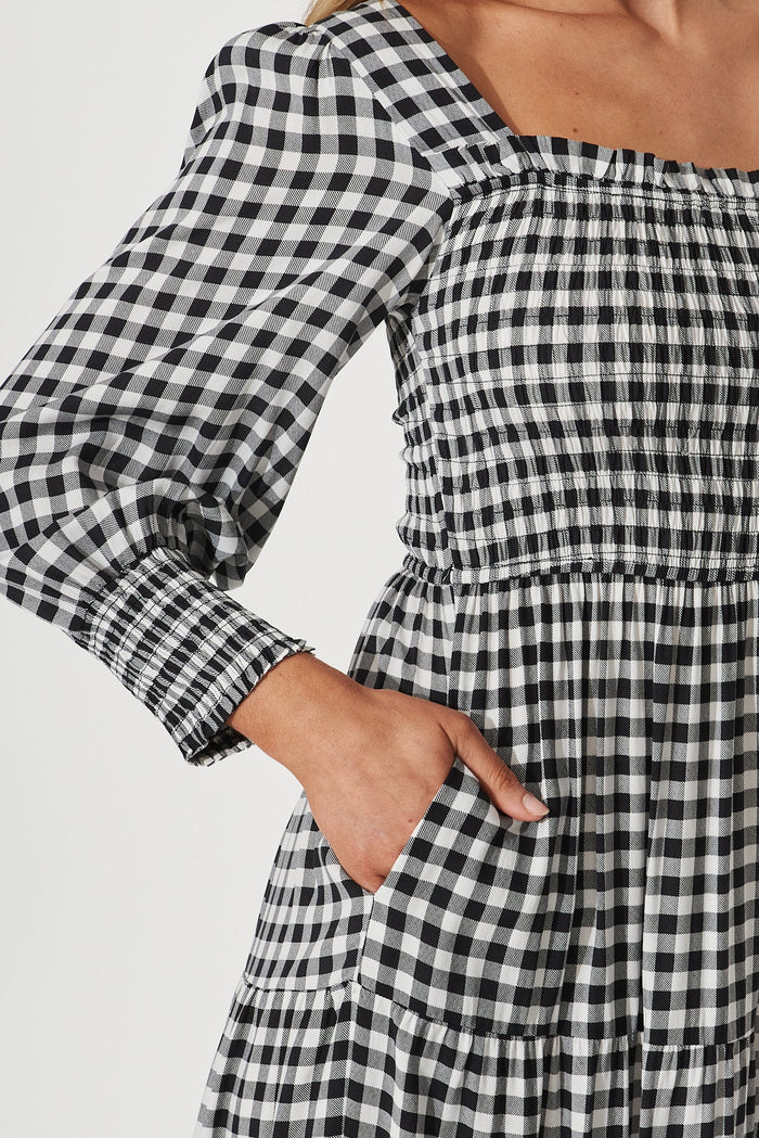 Athens Maxi Dress In White With Black Gingham Check - detail