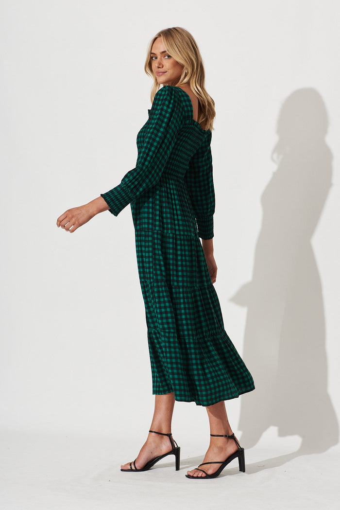 Athens Maxi Dress In Green With Black Gingham Check - St Frock (Dev)