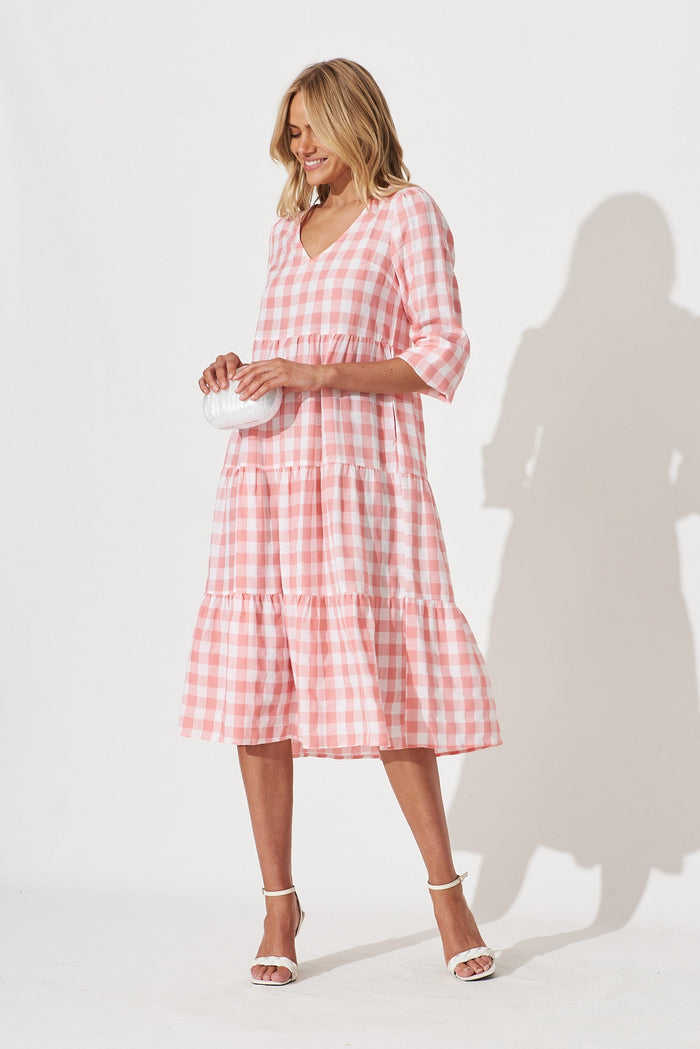 Bellagio Smock Dress In Pink Gingham Check Cotton Blend - full length