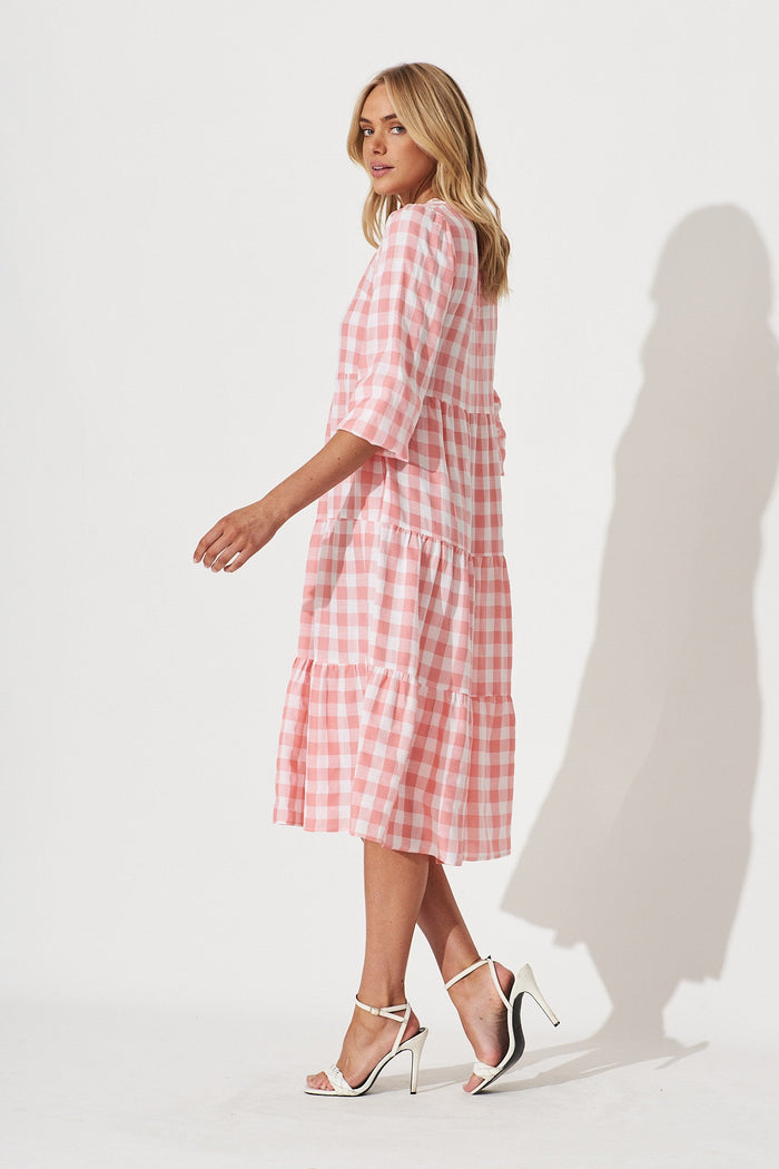 Bellagio Smock Dress In Pink Gingham Check Cotton Blend - side