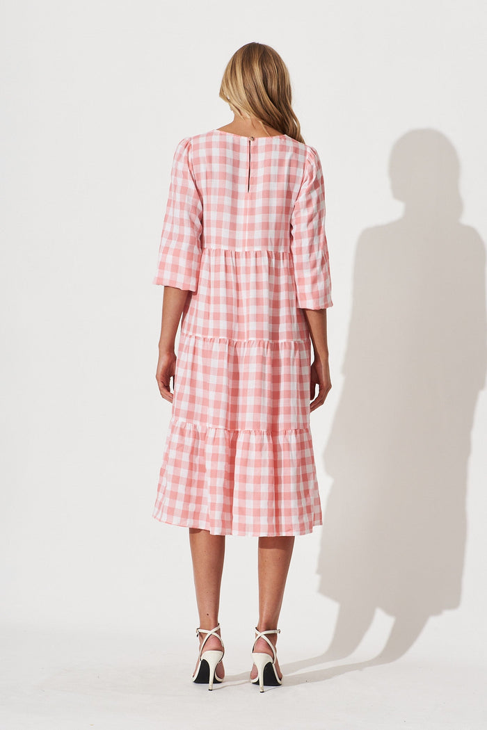 Bellagio Smock Dress In Pink Gingham Check Cotton Blend - back