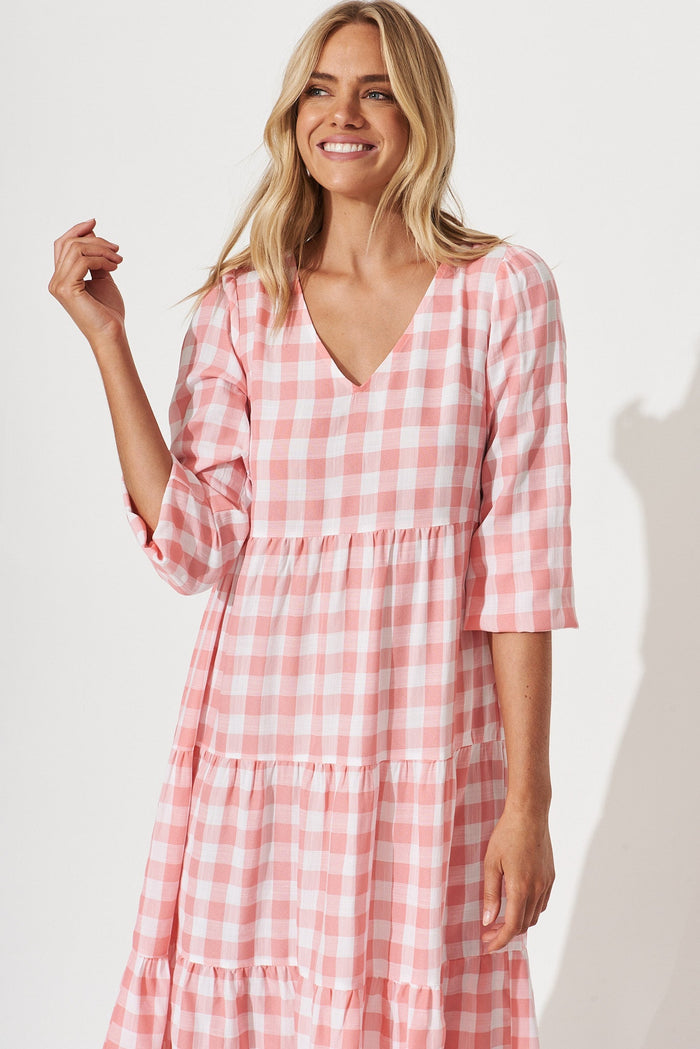 Bellagio Smock Dress In Pink Gingham Check Cotton Blend - front