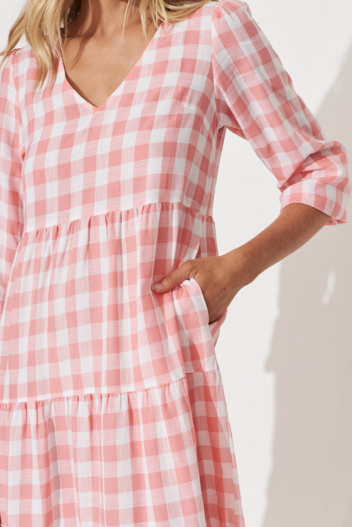 Bellagio Smock Dress In Pink Gingham Check Cotton Blend - detail