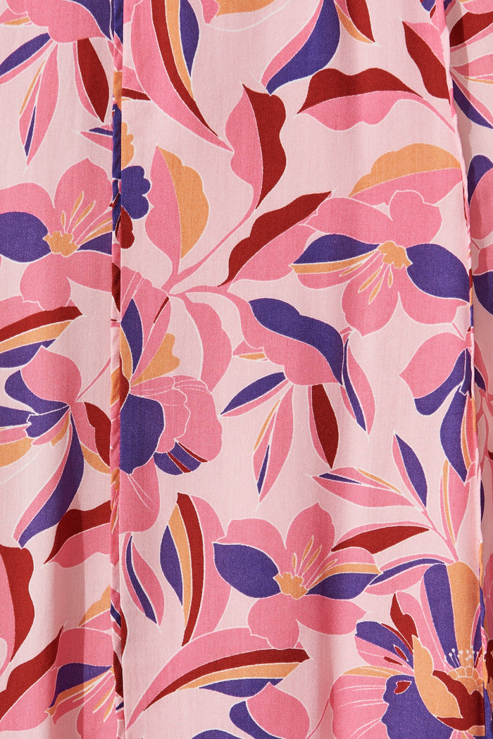 Nigella Maxi Dress In Pink With Navy Floral - fabric