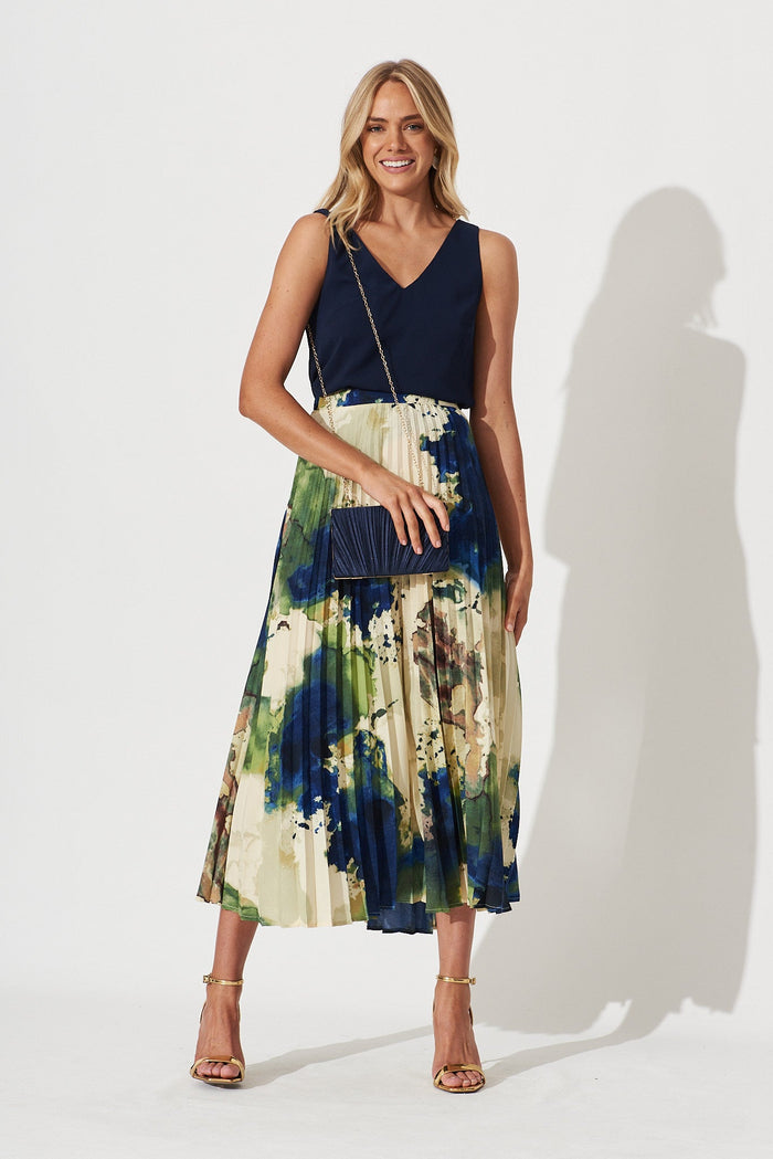 Allison Midi Pleat Skirt In Green With Navy Print - St Frock (Dev)