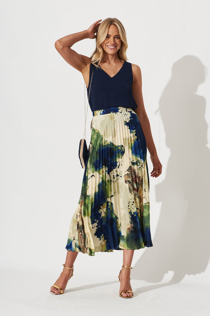 Allison Midi Pleat Skirt In Green With Navy Print - St Frock (Dev)