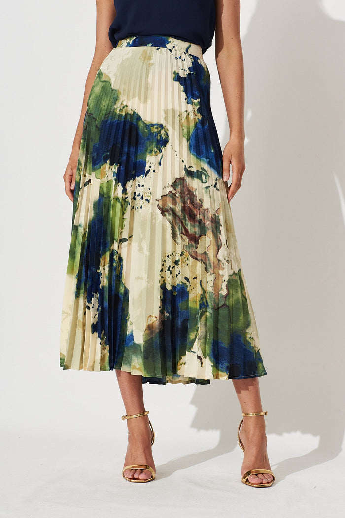 Allison Midi Pleat Skirt In Green With Navy Print - St Frock (Dev)