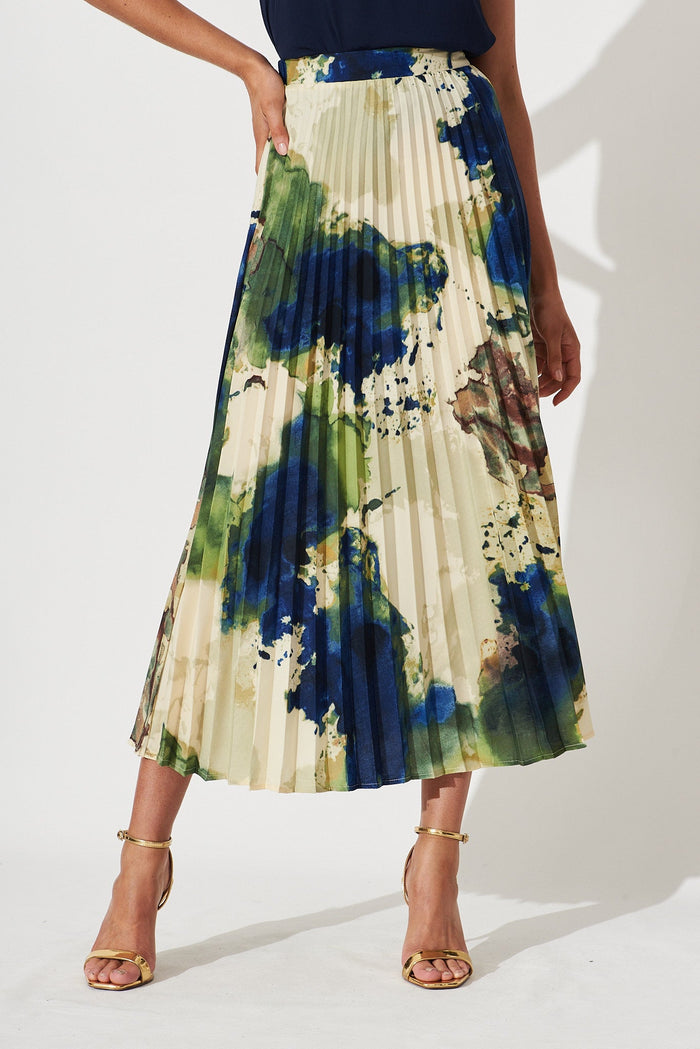 Allison Midi Pleat Skirt In Green With Navy Print - St Frock (Dev)