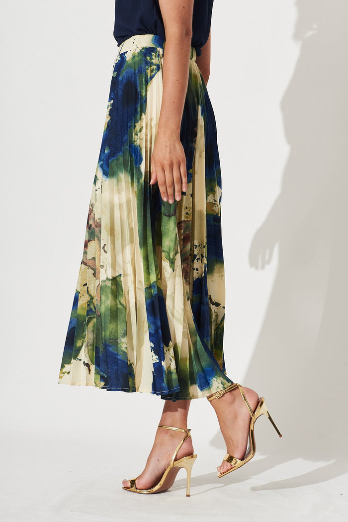 Allison Midi Pleat Skirt In Green With Navy Print - St Frock (Dev)