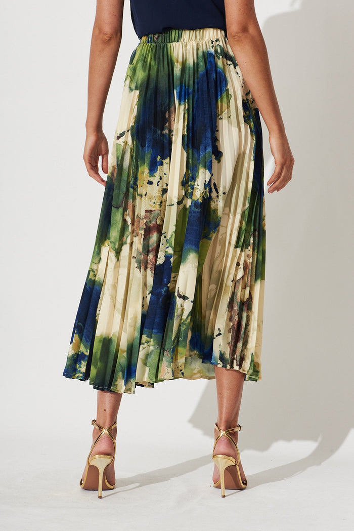 Allison Midi Pleat Skirt In Green With Navy Print - St Frock (Dev)