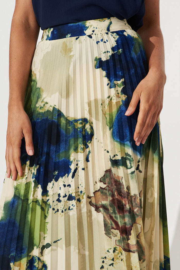 Allison Midi Pleat Skirt In Green With Navy Print - St Frock (Dev)