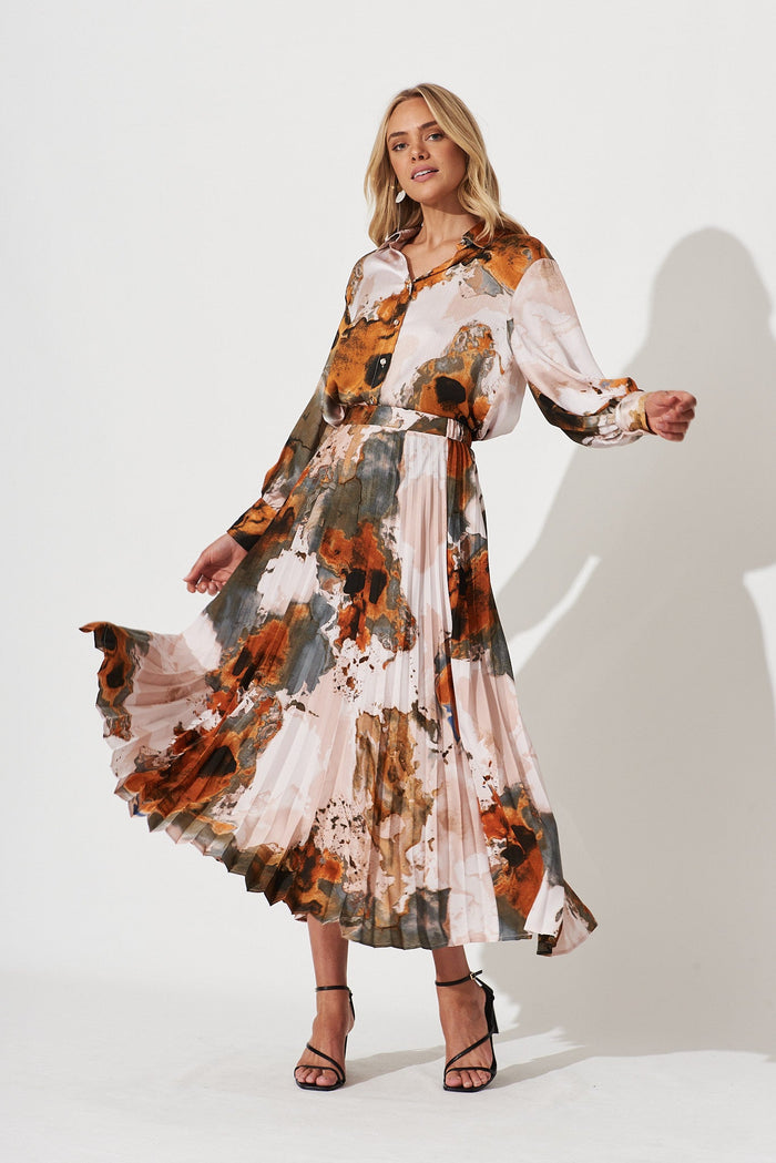 Allison Midi Pleat Skirt In Grey With Rust Print - St Frock (Dev)