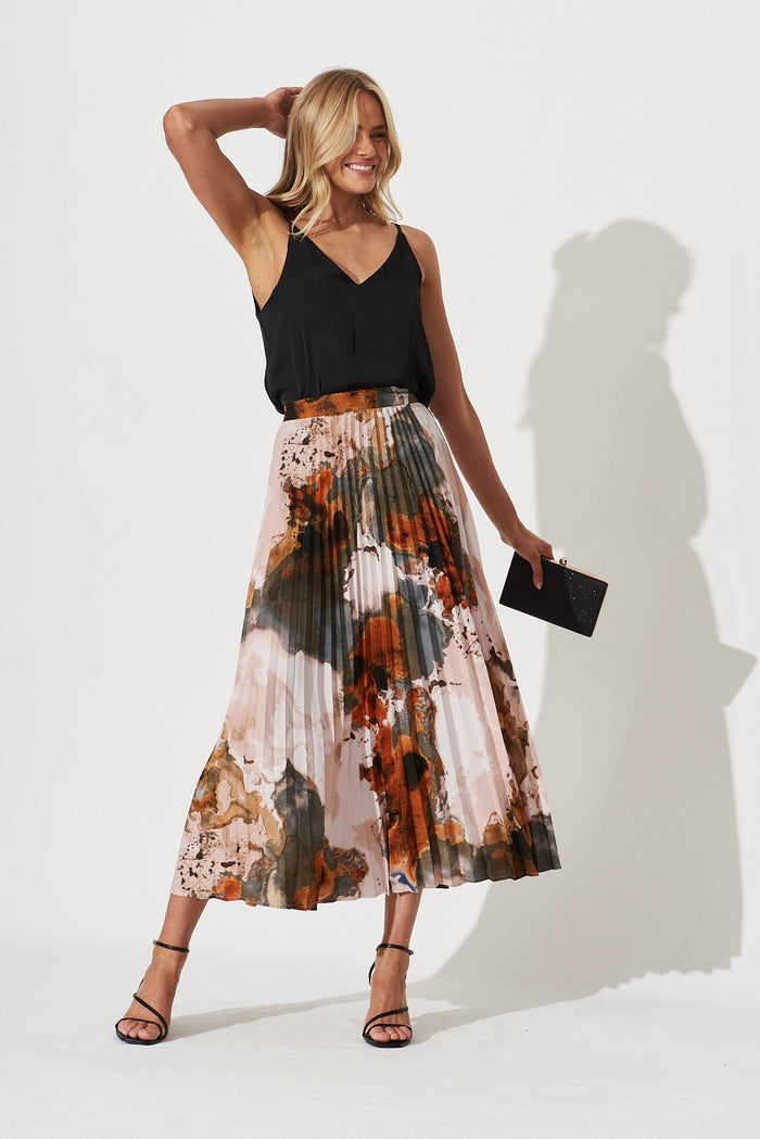 Allison Midi Pleat Skirt In Grey With Rust Print - St Frock (Dev)