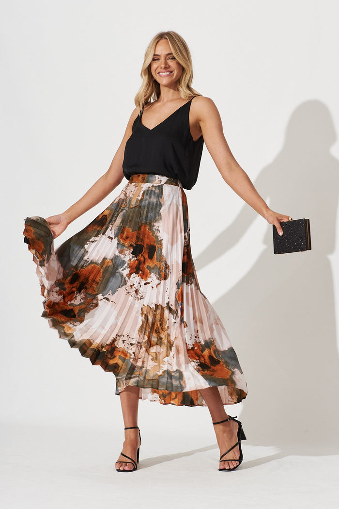Allison Midi Pleat Skirt In Grey With Rust Print - St Frock (Dev)
