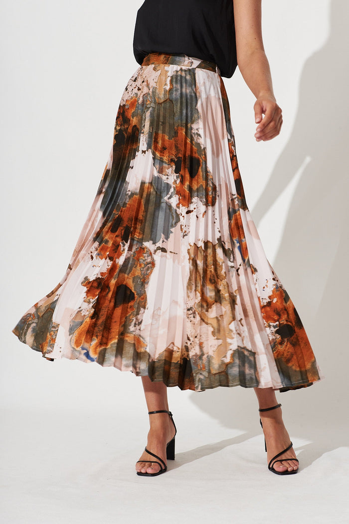 Allison Midi Pleat Skirt In Grey With Rust Print - St Frock (Dev)