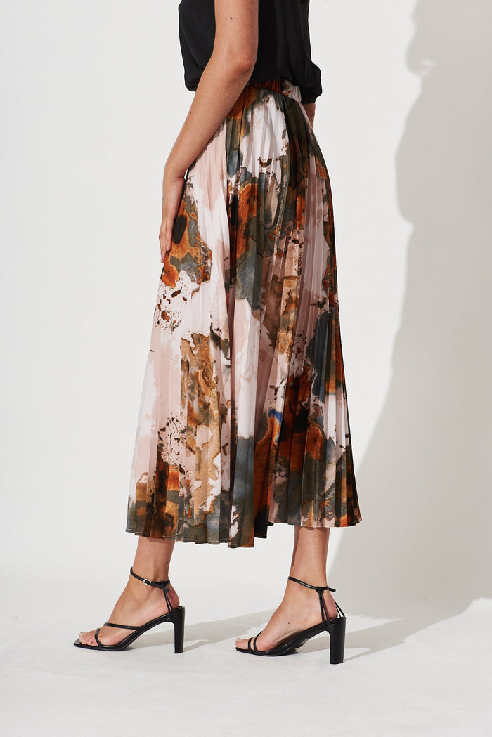 Allison Midi Pleat Skirt In Grey With Rust Print - St Frock (Dev)