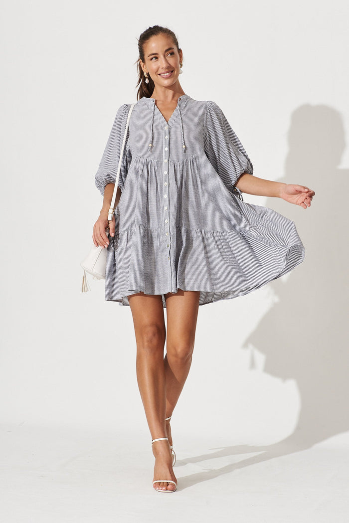 Aine Shirt Dress In Grey Stripe Cotton - St Frock (Dev)