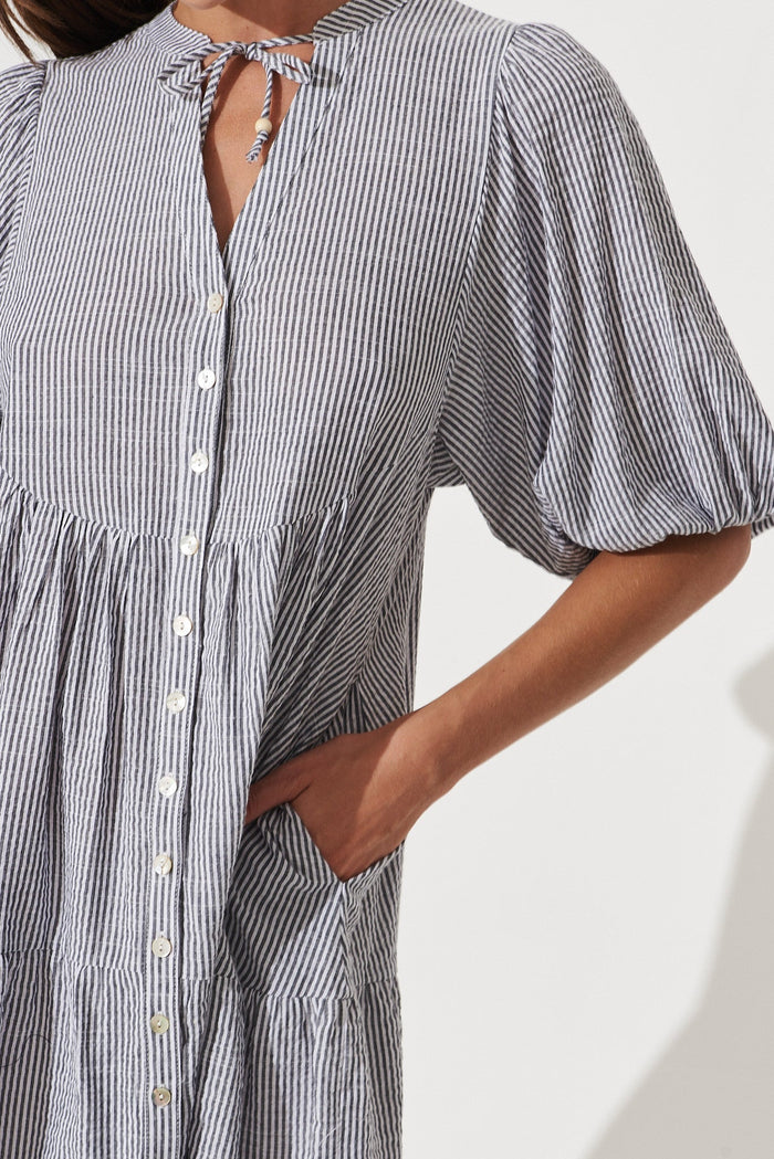 Aine Shirt Dress In Grey Stripe Cotton - St Frock (Dev)