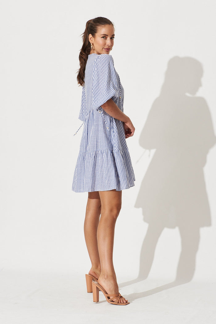 Aine Shirt Dress In Blue Stripe Cotton - St Frock (Dev)