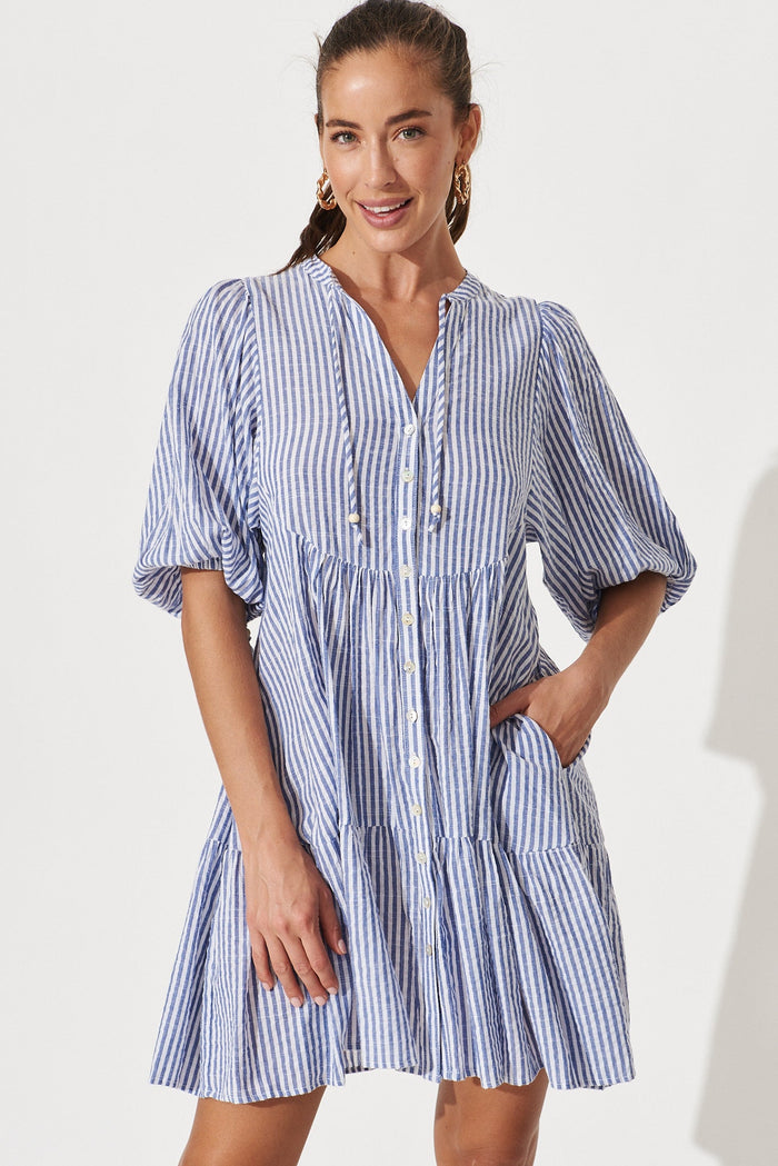 Aine Shirt Dress In Blue Stripe Cotton - St Frock (Dev)