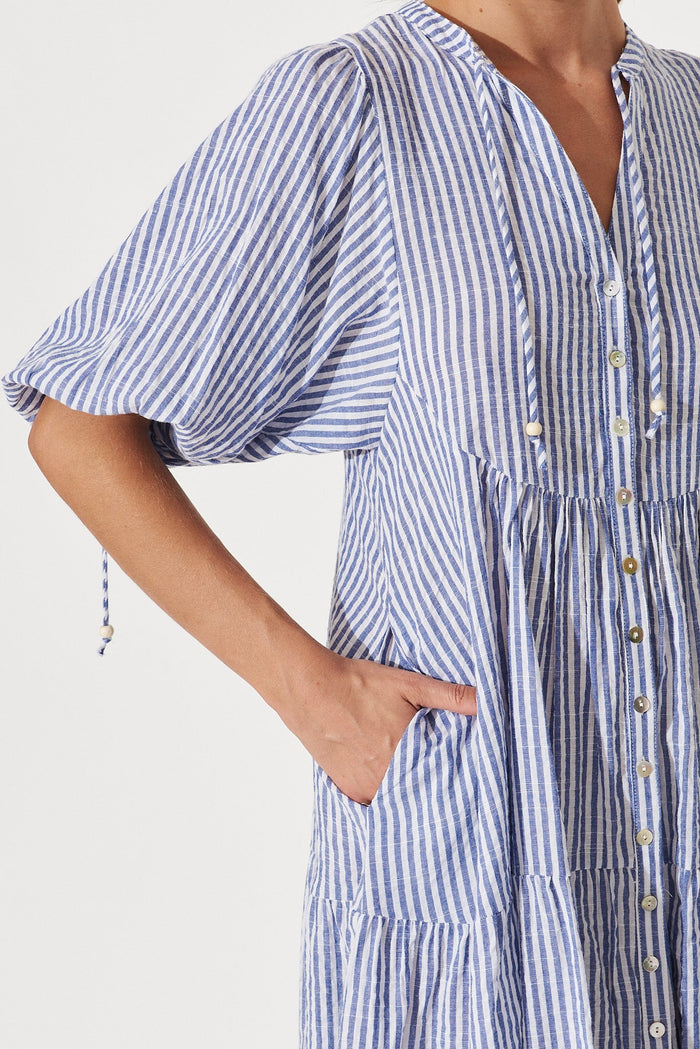 Aine Shirt Dress In Blue Stripe Cotton - St Frock (Dev)
