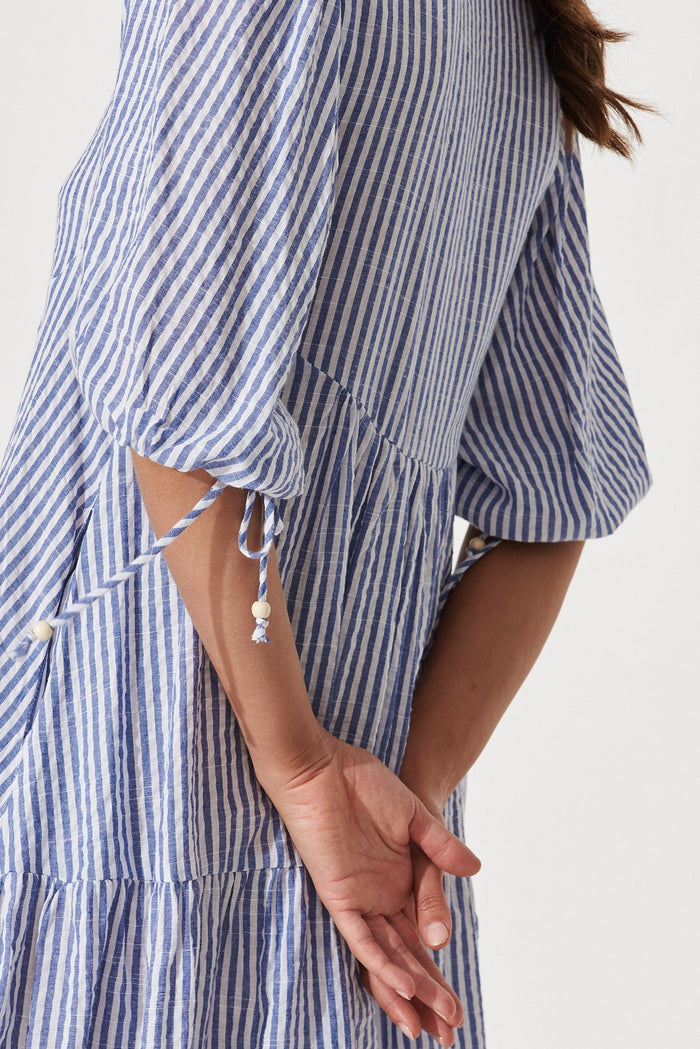 Aine Shirt Dress In Blue Stripe Cotton - St Frock (Dev)