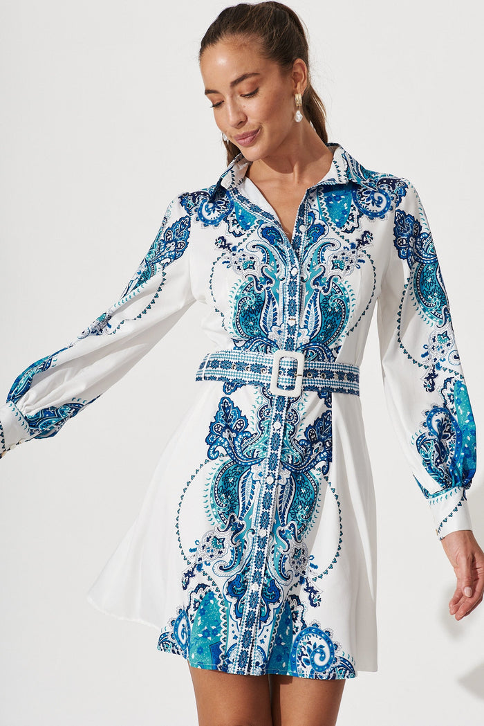 Amore Dress In White With Blue Print - St Frock (Dev)