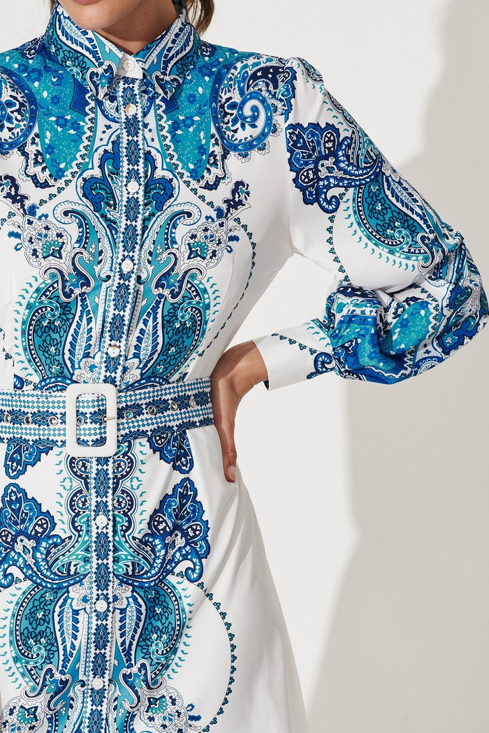 Amore Dress In White With Blue Print - St Frock (Dev)
