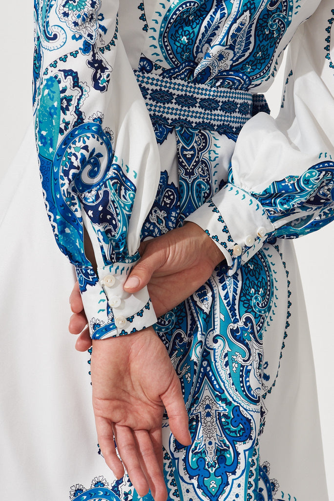 Amore Dress In White With Blue Print - St Frock (Dev)