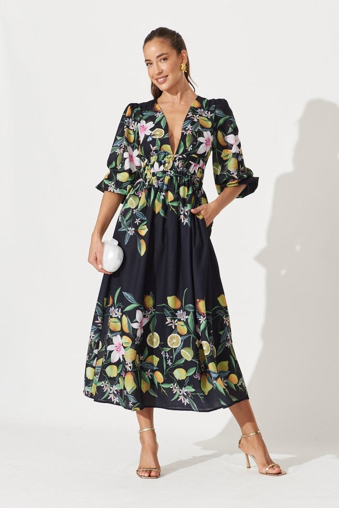 Camie Maxi Dress In Black With Yellow Print - St Frock (Dev)