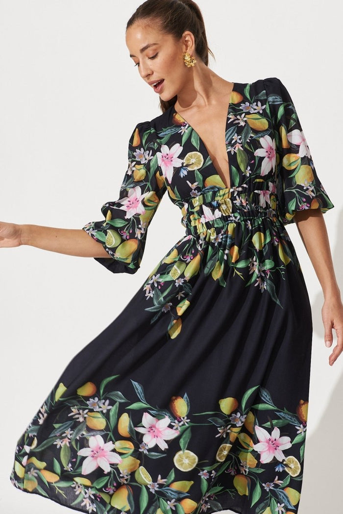 Camie Maxi Dress In Black With Yellow Print - St Frock (Dev)