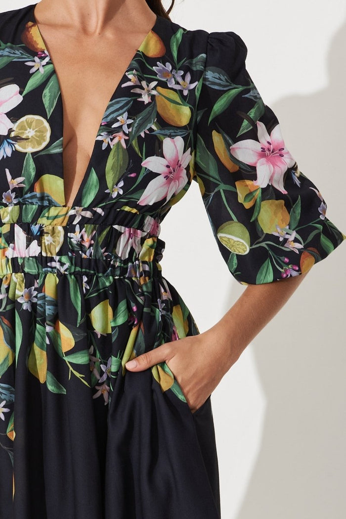Camie Maxi Dress In Black With Yellow Print - St Frock (Dev)