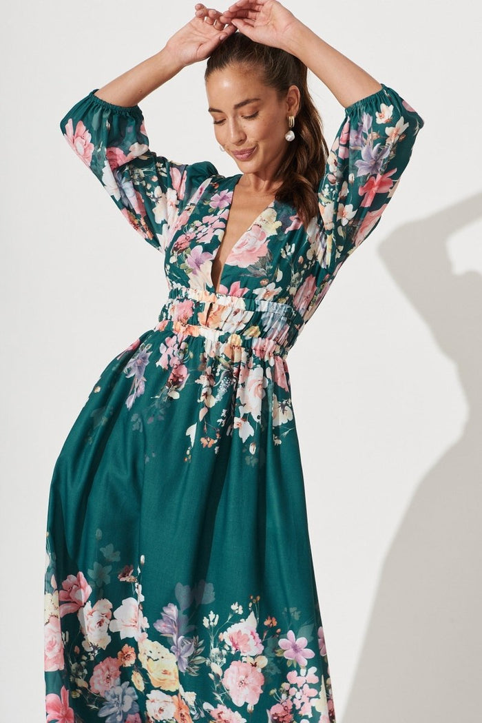 Camie Maxi Dress In Teal With Orange Floral - St Frock (Dev)