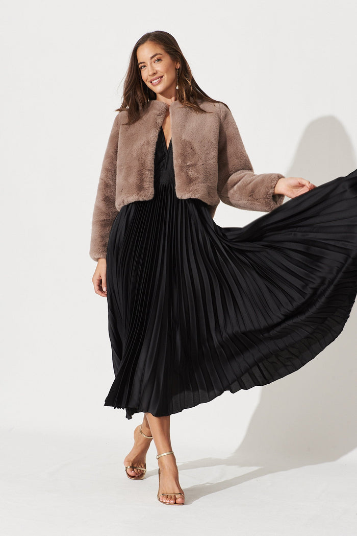 Anetta Midi Dress In Pleated Black Satin - full length
