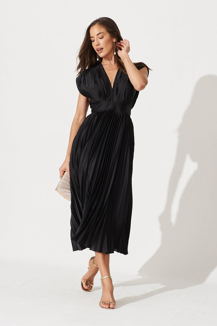 Anetta Midi Dress In Pleated Black Satin - full length