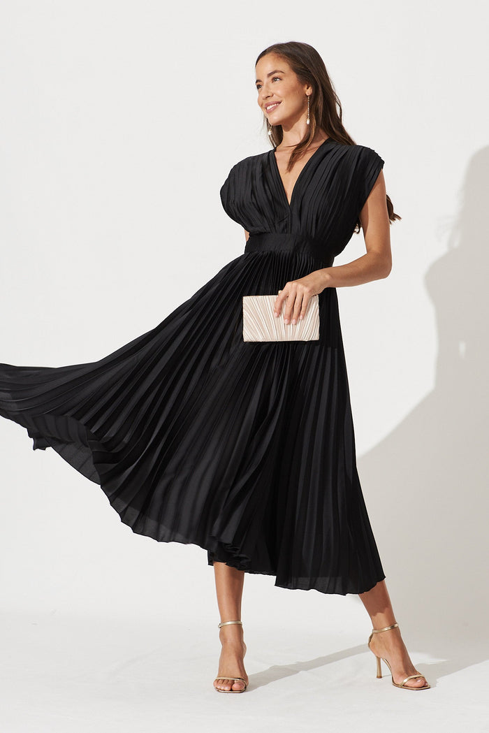Anetta Midi Dress In Pleated Black Satin - full length