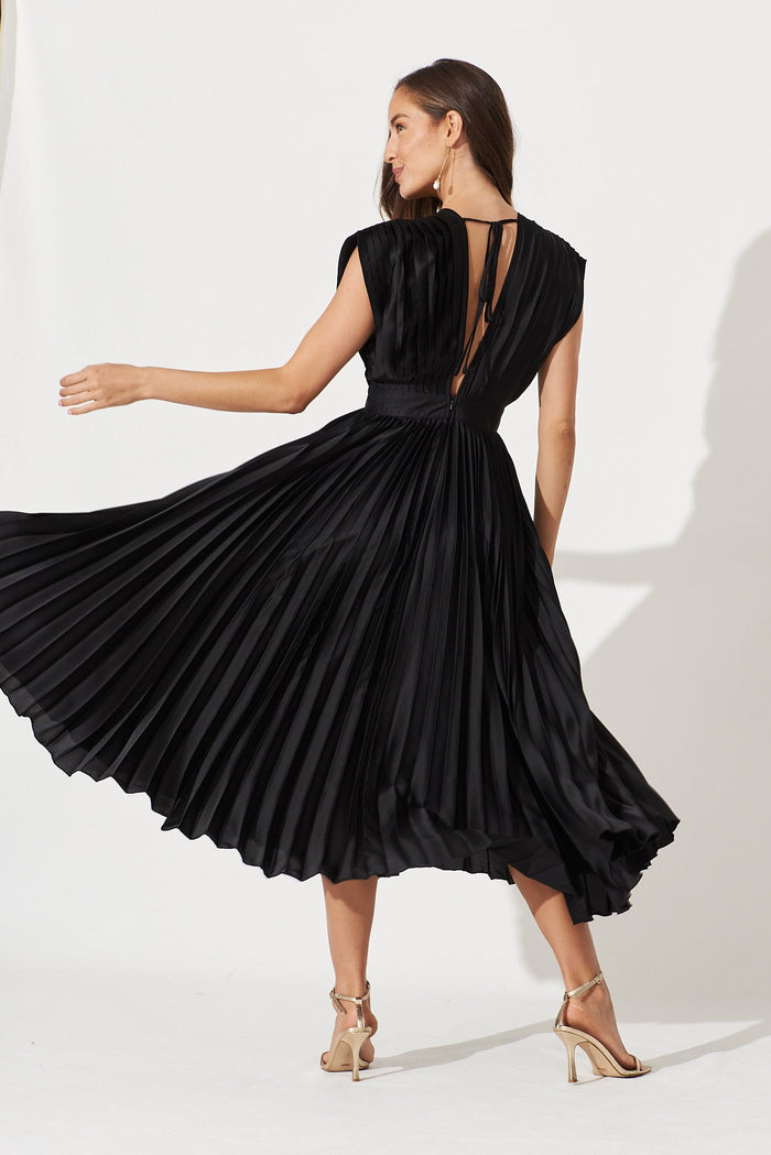 Anetta Midi Dress In Pleated Black Satin - back