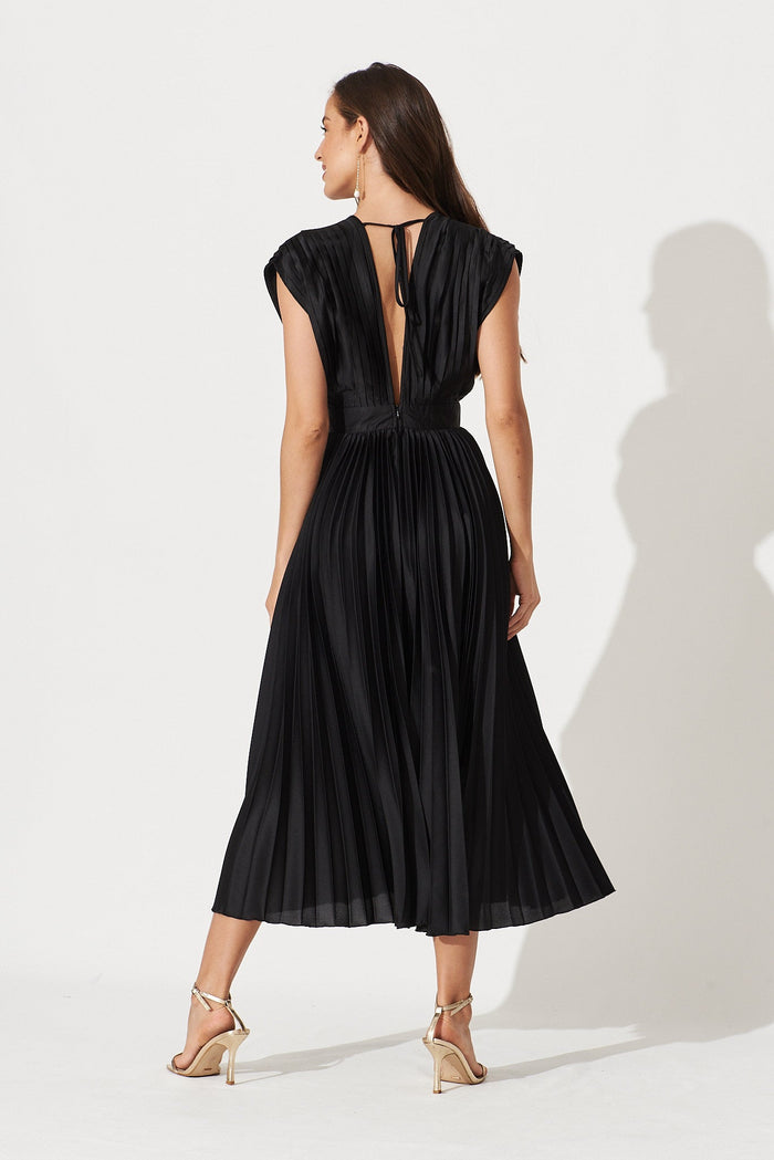 Anetta Midi Dress In Pleated Black Satin - back