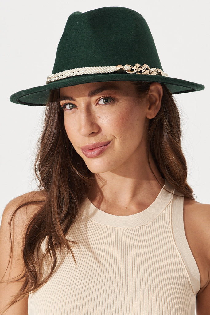 August + Delilah Montpellier Fedora In Emerald Green With Gold Trim - front