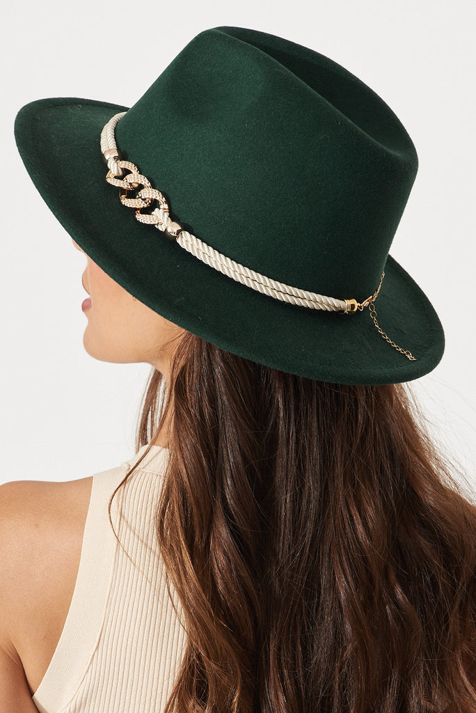 August + Delilah Montpellier Fedora In Emerald Green With Gold Trim - back