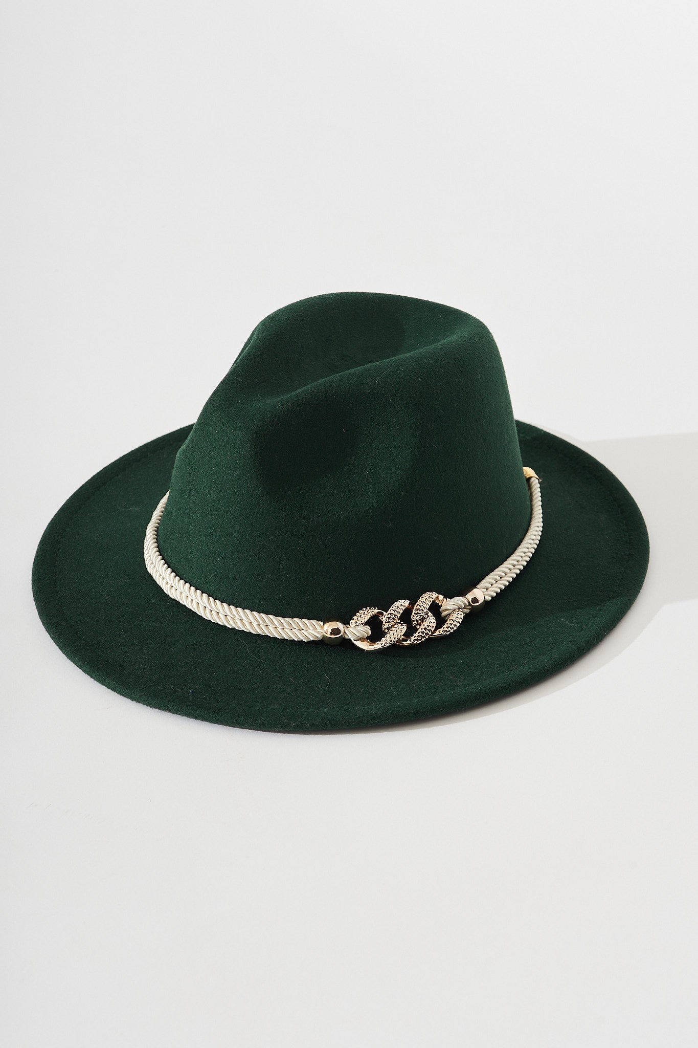 August + Delilah Montpellier Fedora In Emerald Green With Gold Trim - flatlay