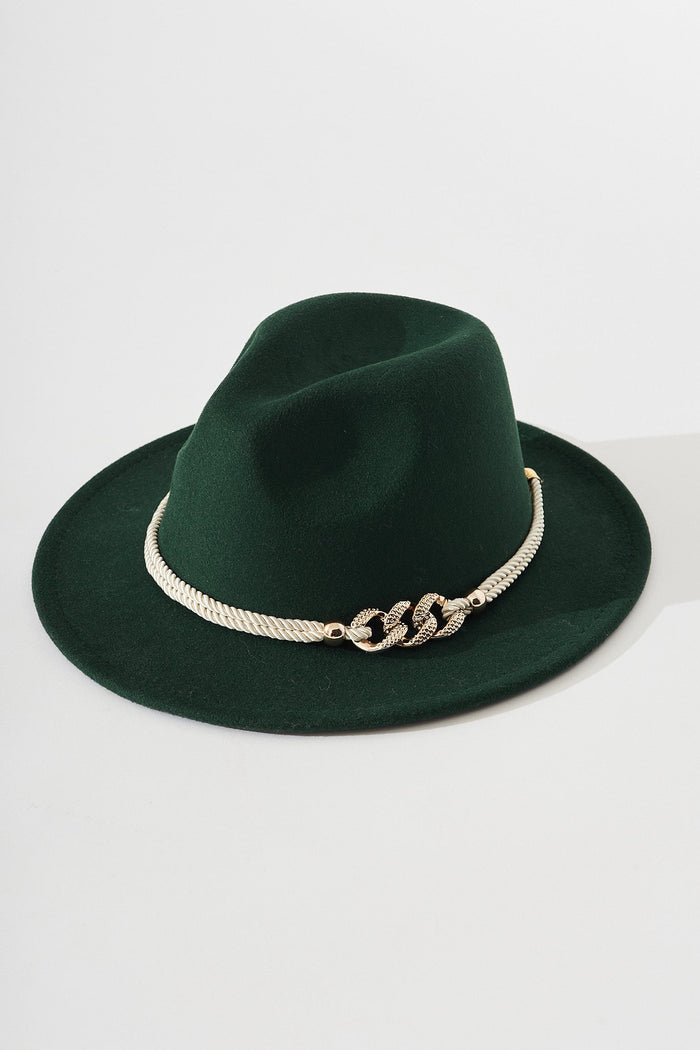 August + Delilah Montpellier Fedora In Emerald Green With Gold Trim - flatlay