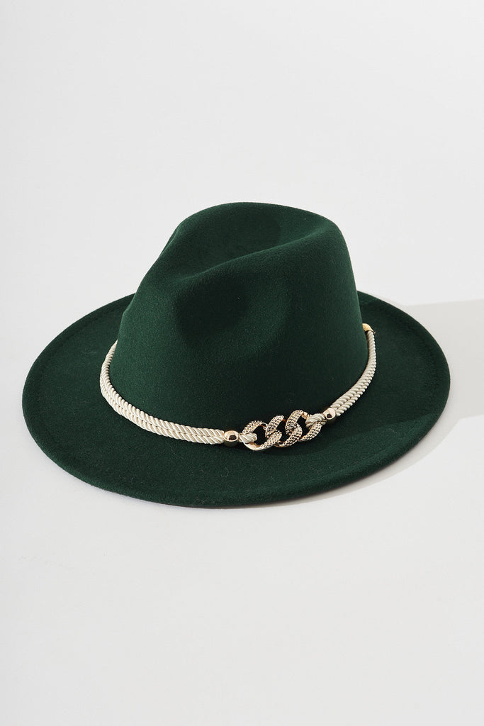 August + Delilah Montpellier Fedora In Emerald Green With Gold Trim - flatlay